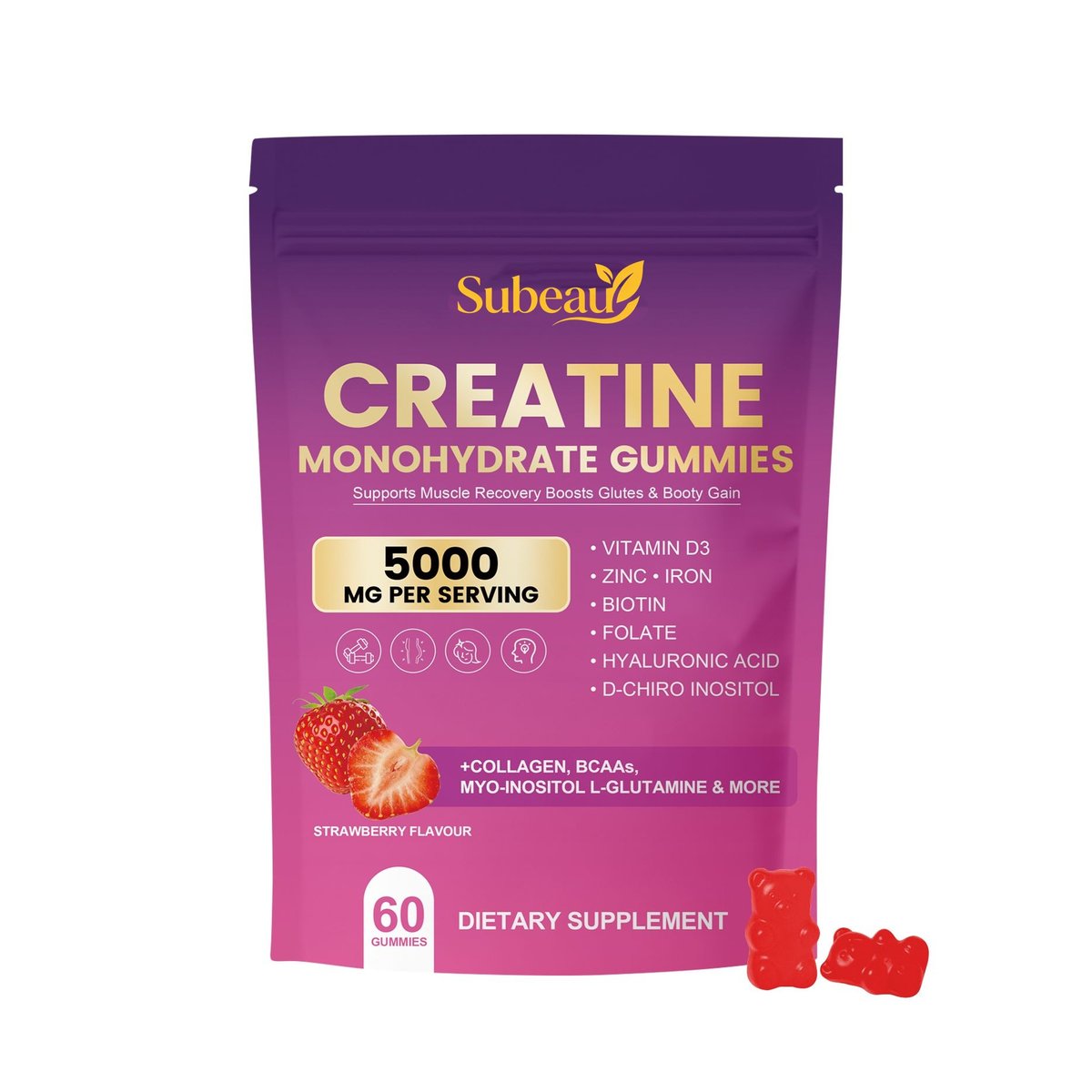 Subeau Creatine Monohydrate Gummies for women - 5000mg with collagen biotin hyaluronic acid
