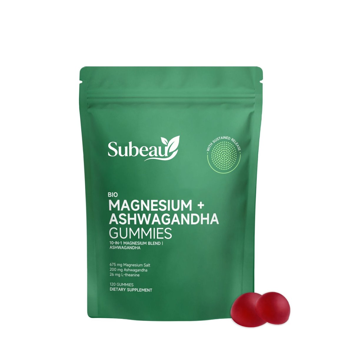 Subeau Magnesium + Ashwagandha Gummies - 10-in-1 blend with sustained release