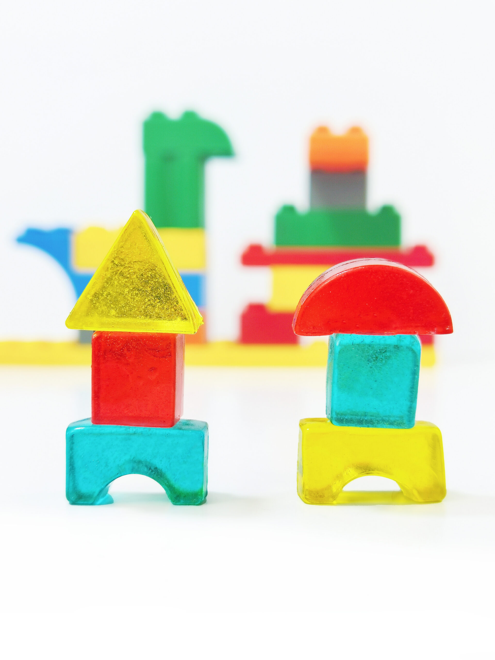 Custom building block shaped gummy candies in multiple colors - Subeau OEM manufacturing