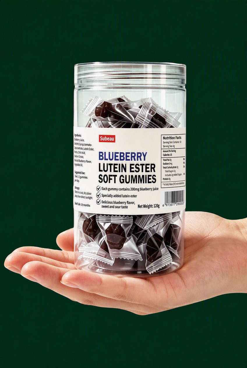 Blueberry lutein ester gummies by Subeau - each gummy contains 200mg blueberry juice, blueberry-shaped soft gummies in a 120g jar