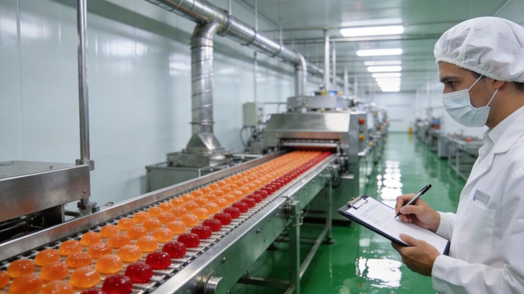 Quality auditor inspecting gummy candy production line during a Chinese factory audit